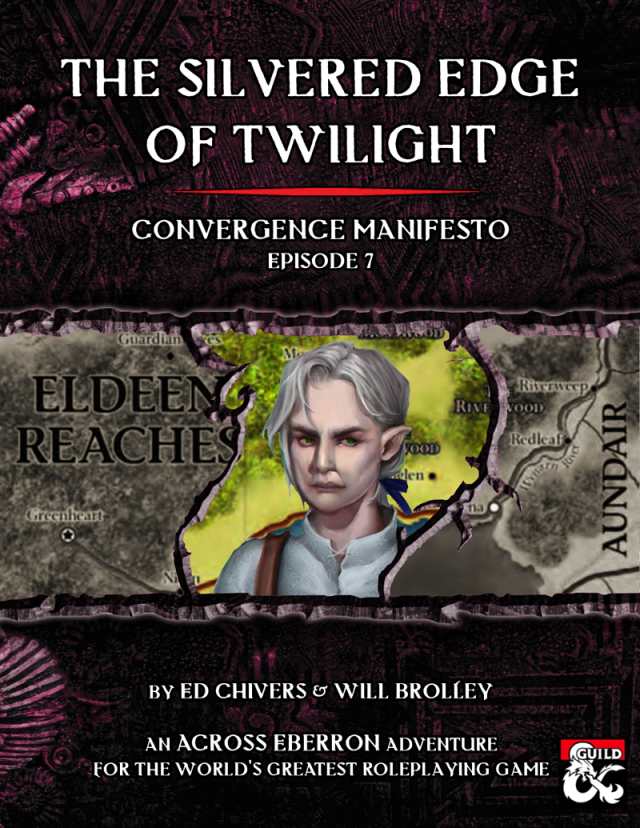 Cover for The Silvered Edge of Twilight, showing the halfing Vilina Vellareau, with a map of the Eldeen Reaches and Aundair behind her